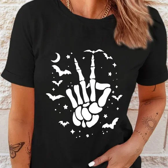 Black Halloween Bat & Skeleton Hand Graphic Tee - Picture 8 of 12